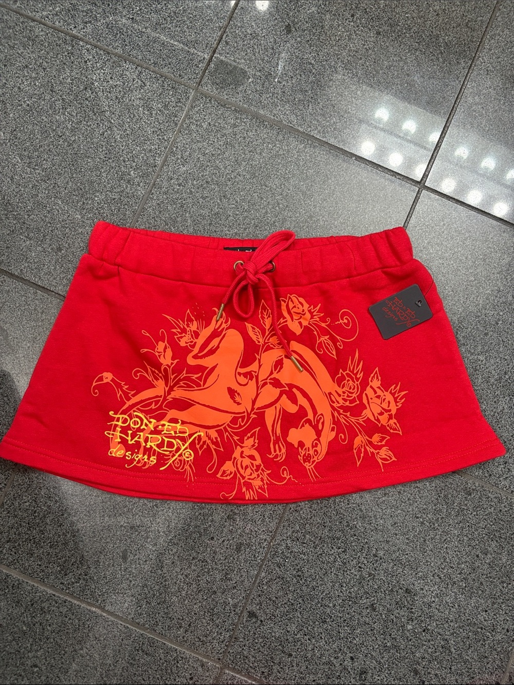 Ed Hardy Red Mini Skirt with Orange Floral Graphic